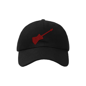 Black cap with a red guitar logo 