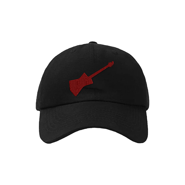 Black cap with a red guitar logo 