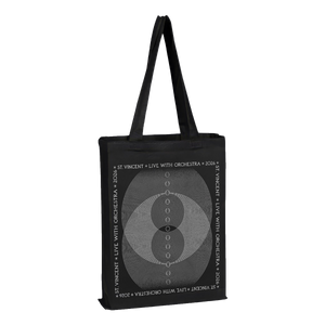 Black tote bag with design and text