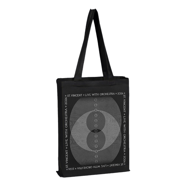 Black tote bag with design and text
