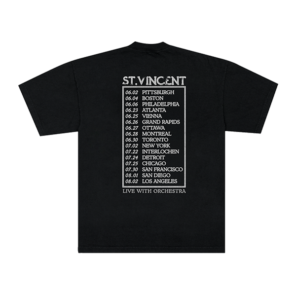 Black t-shirt with white text listing cities and dates on the back