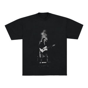 Black t-shirt with a graphic of a person playing guitar