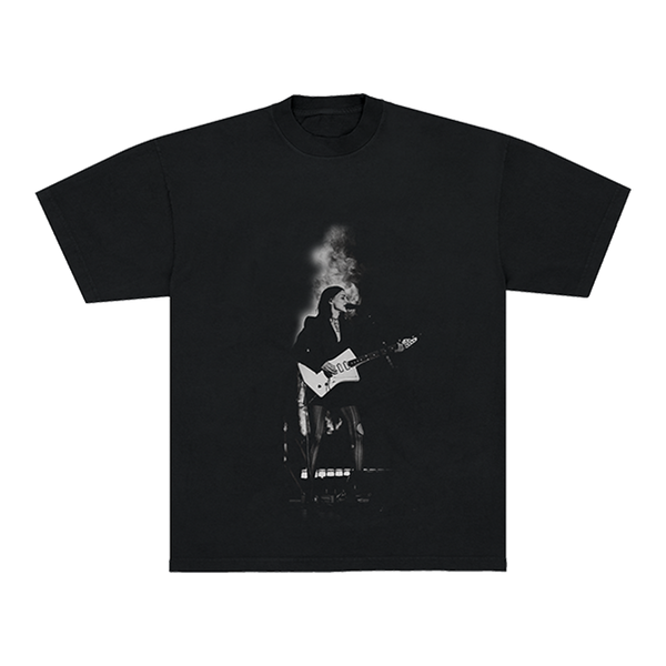 Black t-shirt with a graphic of a person playing guitar